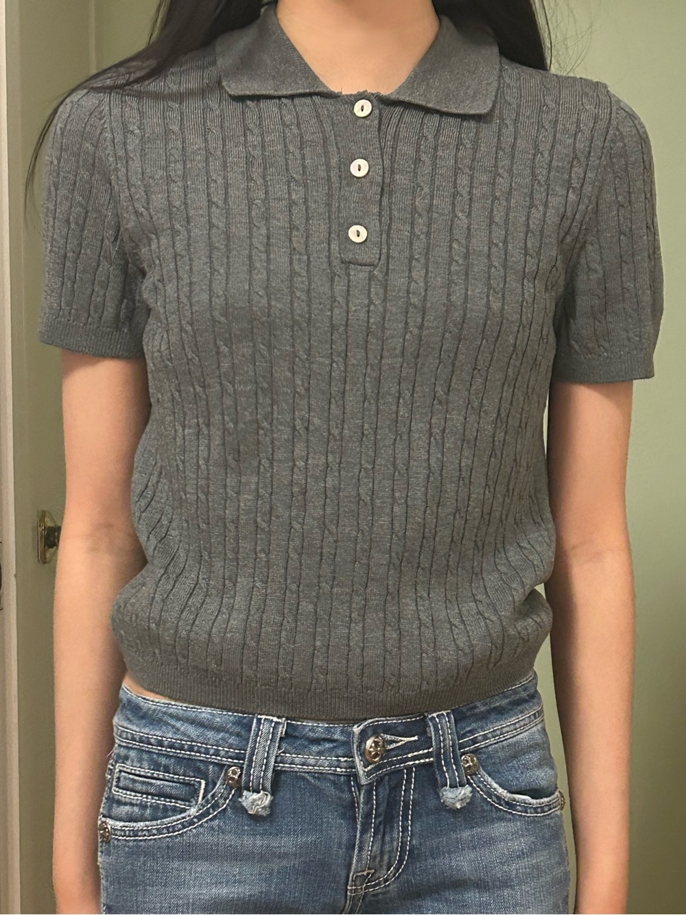 H&M Grey Cable Knit Polo Sweater